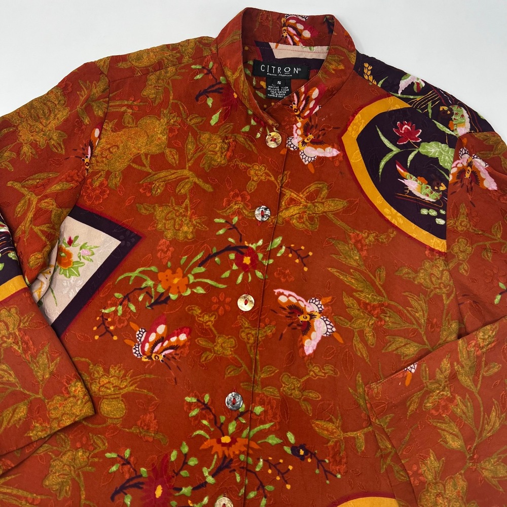 Citron Santa Monica Orange Silk Butterfly Floral Jacquard Button Up Blouse Small